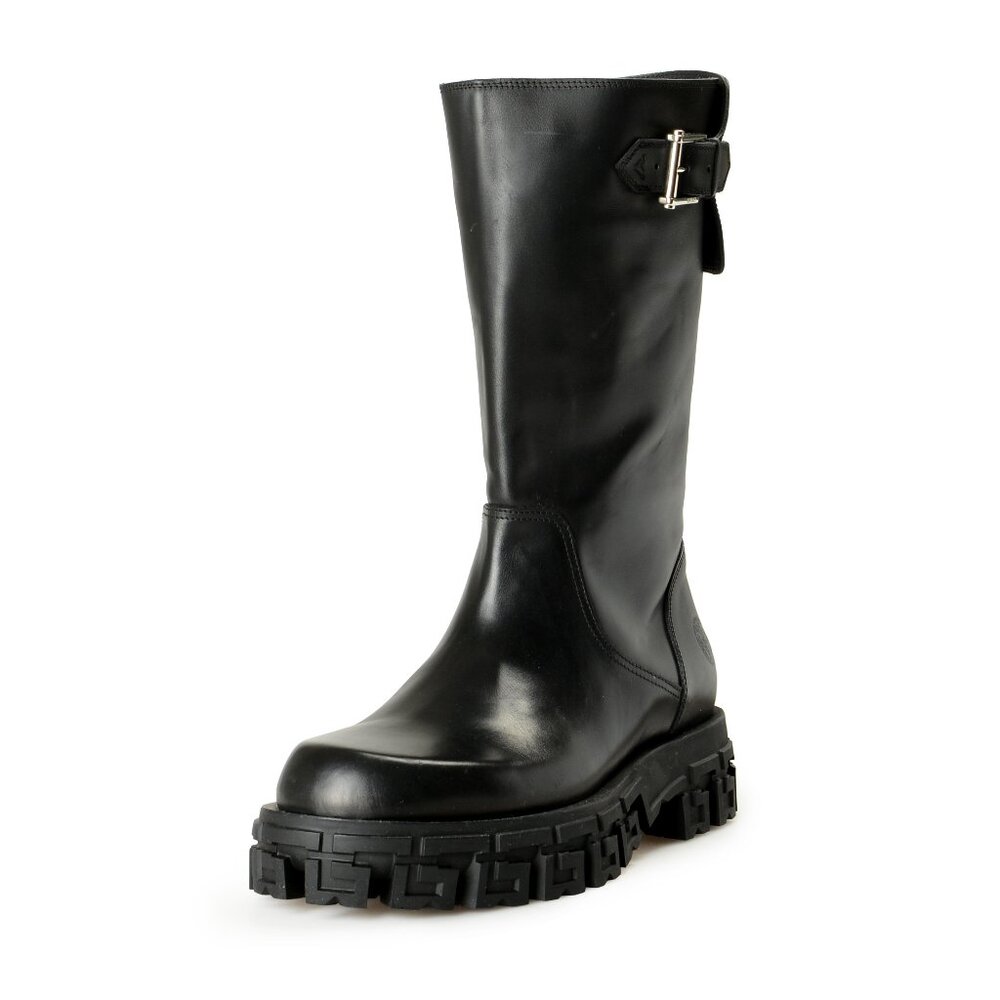 Versace Men's Black Leather Motorcycle Boots Shoes